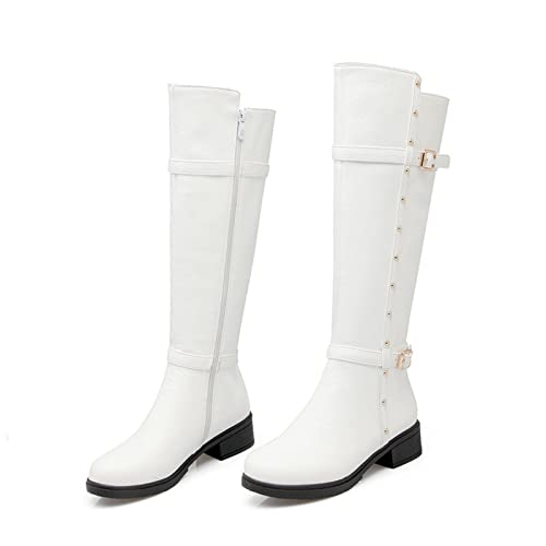 KUHAOFEU Damen Kunstleder Motorrad Stiefel Lange rutschfeste Seite Reißverschluss Knie Hohe Schneestiefel mit Nieten,Weiß,37 EU von KUHAOFEU