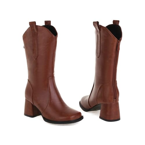 KUHAOFEU Damen Kunstleder Stämmiger Blockabsatz Breite Kalb Western Stiefel Zurück Reißverschluss Mittelhoher Stiefel,Braun,35 EU von KUHAOFEU