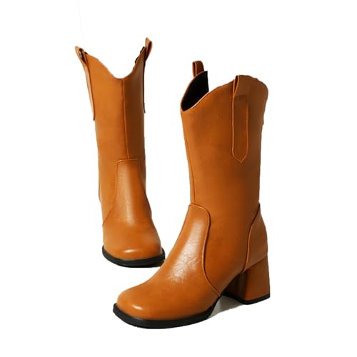 KUHAOFEU Damen Kunstleder Stämmiger Blockabsatz Breite Kalb Western Stiefel Zurück Reißverschluss Mittelhoher Stiefel,Gelb,36 EU von KUHAOFEU