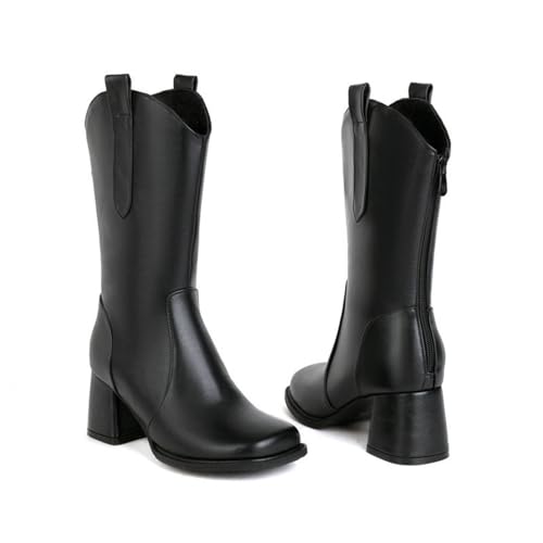 KUHAOFEU Damen Kunstleder Stämmiger Blockabsatz Breite Kalb Western Stiefel Zurück Reißverschluss Mittelhoher Stiefel,Schwarz,34 EU von KUHAOFEU