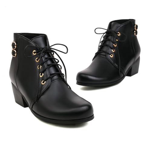 KUHAOFEU Damen Kurze Knöchel Stiefel mit Schnürung, runder Zehenform, Bequeme, Flache Absatz-Stiefeletten,Schwarz,41 EU von KUHAOFEU