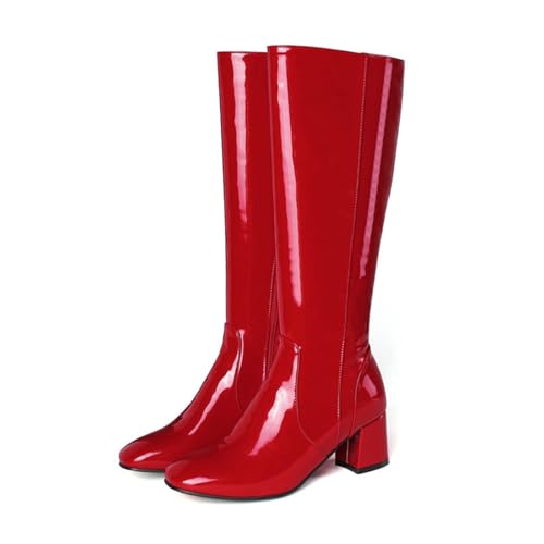 KUHAOFEU Damen Lackleder Kalbs Stiefel Reißverschluss Langschaftstiefel Kniehohe Stiefel Mit Blockabsatz Und Quadrat Zehen,Rot,35 EU von KUHAOFEU