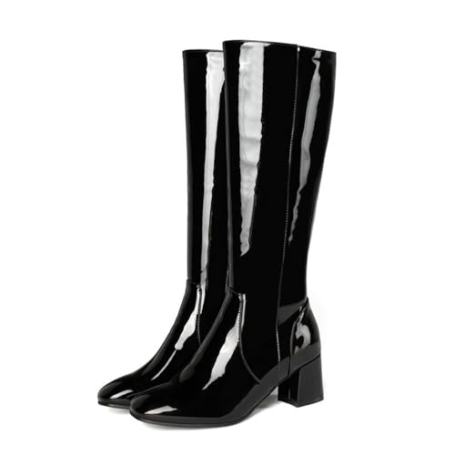 KUHAOFEU Damen Lackleder Kalbs Stiefel Reißverschluss Langschaftstiefel Kniehohe Stiefel Mit Blockabsatz Und Quadrat Zehen,Schwarz,42 EU von KUHAOFEU