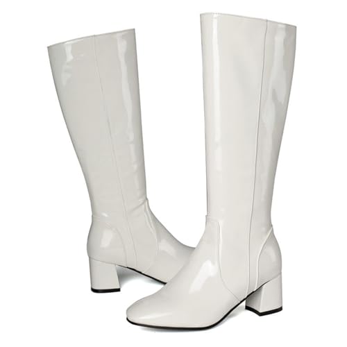 KUHAOFEU Damen Lackleder Kalbs Stiefel Reißverschluss Langschaftstiefel Kniehohe Stiefel Mit Blockabsatz Und Quadrat Zehen,Weiß,45 EU von KUHAOFEU