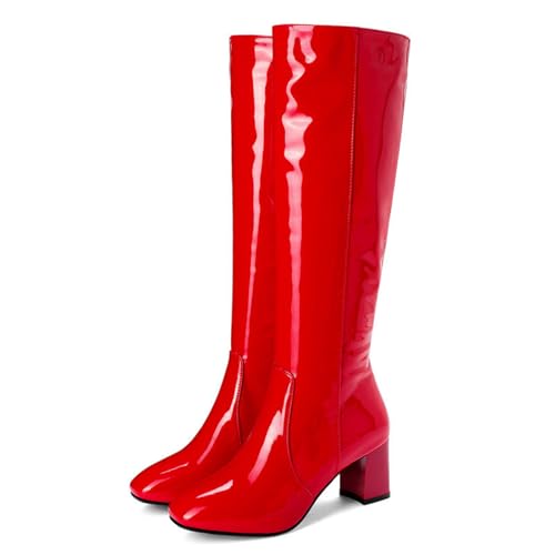 KUHAOFEU Damen Langschaftstiefel Blockabsatz Lackleder Kniehohe Stiefel Mit Reißverschluss,Rot,43 EU von KUHAOFEU