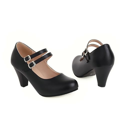 KUHAOFEU Damen Mary Jane Pumps mit doppelte Schnalle Runde Zehe Niedriger Absatz Hochzeitsschuhe Brautschuhe,Schwarz,48 EU von KUHAOFEU