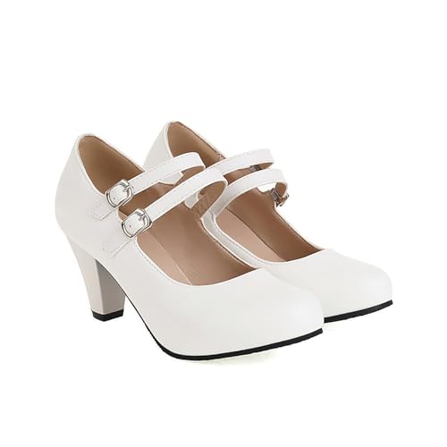 KUHAOFEU Damen Mary Jane Pumps mit doppelte Schnalle Runde Zehe Niedriger Absatz Hochzeitsschuhe Brautschuhe,Weiß,38 EU von KUHAOFEU