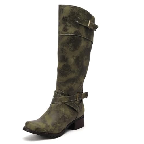 KUHAOFEU Damen Mitte Wade Bikerstiefel Mit Reißverschluss Niedrige Blockabsatz Leder Motorradstiefel,Grün,39 EU von KUHAOFEU