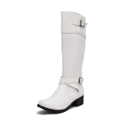 KUHAOFEU Damen Mitte Wade Bikerstiefel Mit Reißverschluss Niedrige Blockabsatz Leder Motorradstiefel,Weiß,35 EU von KUHAOFEU