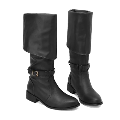 KUHAOFEU Damen Motorrad Knie Hohe Stiefel Flache Ferse Schnallen Biker Reitstiefel,Schwarz,40 EU von KUHAOFEU
