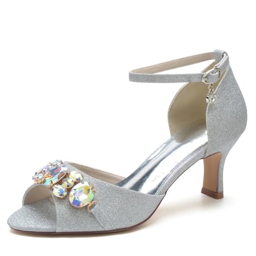KUHAOFEU Damen Niedrig Absatz Pumps Glitzer Sandalen Peep-Toe Hochzeit Brautschuhe Mit Knöchelhoch,Silber,41 EU KUHAOFEU Damen Niedrig Absatz Pumps Glitzer Sandalen Peep-Toe Hochzeit Brautschuhe Mit Knöchelhoch,Silber,41 EU von KUHAOFEU
