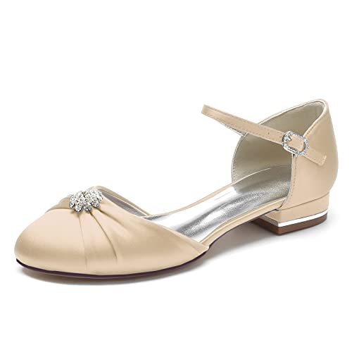 KUHAOFEU Damen Niedrige Absatz Brautschuhe Runde Zehen Ballerinas Satin Plissee Strass Hochzeitsschuhe mit Knöchelriemen,Champagne,37 EU von KUHAOFEU
