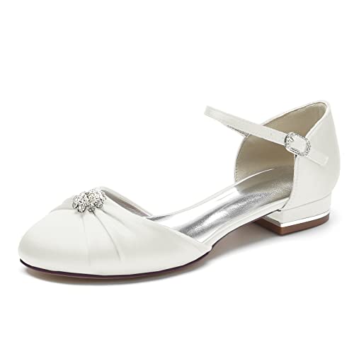 KUHAOFEU Damen Niedrige Absatz Brautschuhe Runde Zehen Ballerinas Satin Plissee Strass Hochzeitsschuhe mit Knöchelriemen,Elfenbein,39 EU von KUHAOFEU