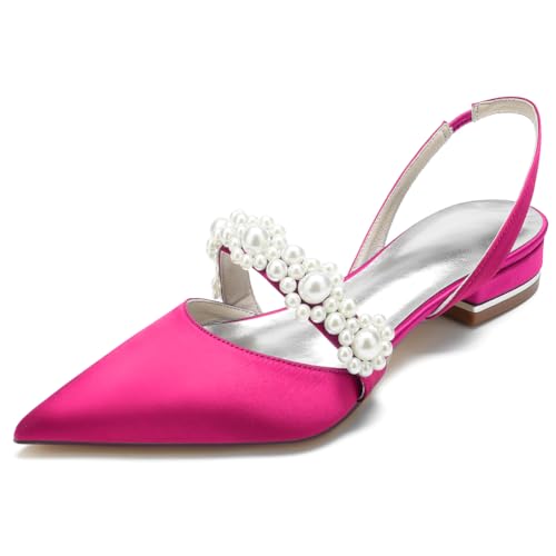 KUHAOFEU Damen Niedrige Ferse Pumps Sexy Spitze Zehe Kleid Schuhe Slingback Sandalen Satin Kristall Hochzeitsschuhe für Abend Party,Fuchsia,42 EU von KUHAOFEU