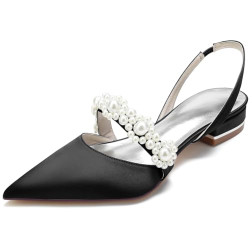 KUHAOFEU Damen Niedrige Ferse Pumps Sexy Spitze Zehe Kleid Schuhe Slingback Sandalen Satin Kristall Hochzeitsschuhe für Abend Party,Schwarz,36 EU von KUHAOFEU