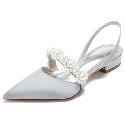 KUHAOFEU Damen Niedrige Ferse Pumps Sexy Spitze Zehe Kleid Schuhe Slingback Sandalen Satin Kristall Hochzeitsschuhe für Abend Party,Silber,43 EU von KUHAOFEU