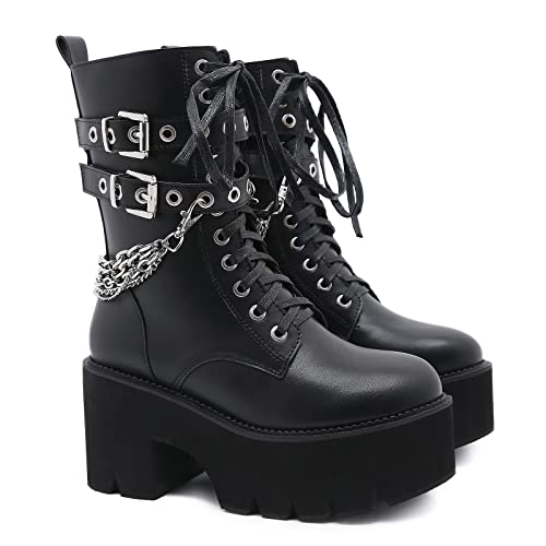 KUHAOFEU Damen PU Leder Goth Stiefeletten Plattform Schnüren Punk Kurze Stiefel Seite Reißverschluss Kampfstiefel,Schwarz,43 EU von KUHAOFEU