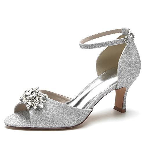 KUHAOFEU Damen Peep Toe Kätzchen Absatz Braut Party Kleid Sandalen Hochzeit Niedrige Absätze Silber Glitzer Schuhe,Silber,36 EU von KUHAOFEU