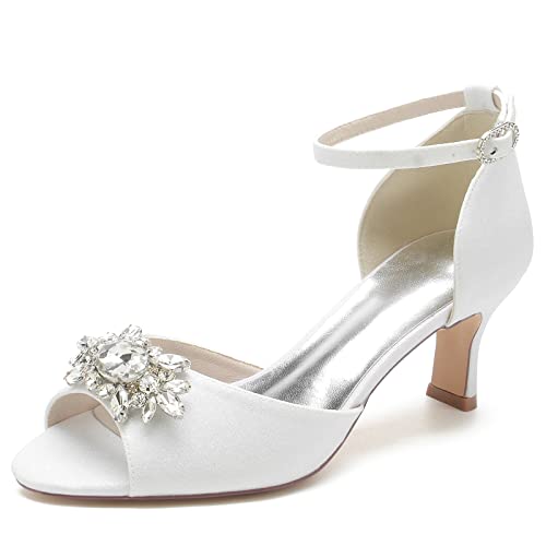 KUHAOFEU Damen Peep Toe Kätzchen Absatz Braut Party Kleid Sandalen Hochzeit Niedrige Absätze Silber Glitzer Schuhe,Weiß,42 EU von KUHAOFEU