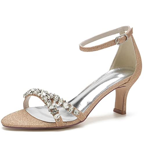 KUHAOFEU Damen Peep Toe Kätzchen Absatz Sandalen Hochzeit Riemchen Silber Glitzer Braut Party Kleid Schuhe,Champagne,36 EU von KUHAOFEU