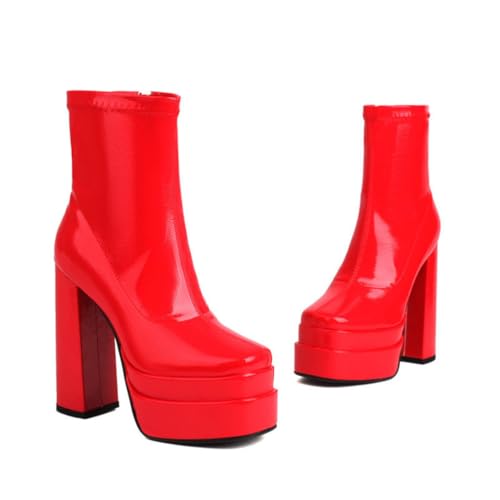 KUHAOFEU Damen Plateau Chelsea Stiefel Mit Seitlichem Reißverschluss Blockabsatz Warm Gefüttert Stiefeletten,Rot,36 EU von KUHAOFEU