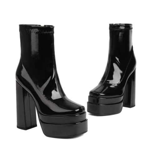 KUHAOFEU Damen Plateau Chelsea Stiefel Mit Seitlichem Reißverschluss Blockabsatz Warm Gefüttert Stiefeletten,Schwarz,40 EU von KUHAOFEU