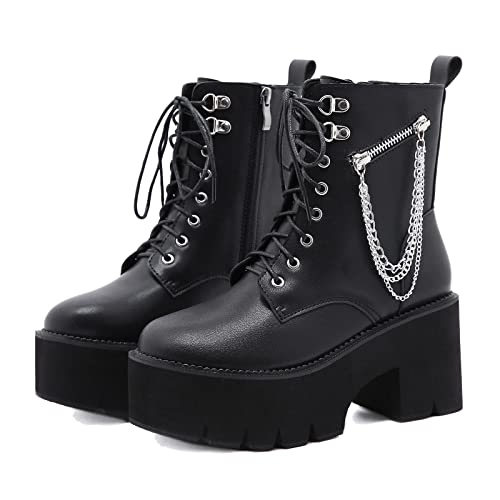 KUHAOFEU Damen Plateau Gothic Schnürstiefeletten Blockabsatz Bikerstiefel Punk Stiefel Mit Reißverschluss,Schwarz,39 EU von KUHAOFEU