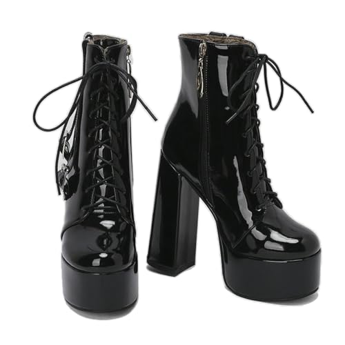 KUHAOFEU Damen Plateau Reißverschluss Knöchel Stiefel Kurzschaft Stiefeletten Mit Blockabsatz Outdoor Winter Schuhe,Schwarz,35 EU von KUHAOFEU