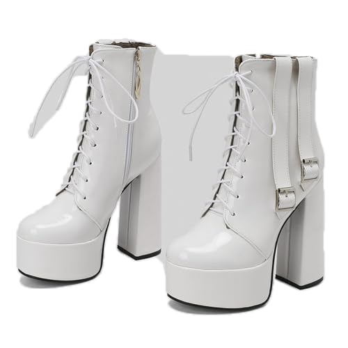 KUHAOFEU Damen Plateau Reißverschluss Knöchel Stiefel Kurzschaft Stiefeletten Mit Blockabsatz Outdoor Winter Schuhe,Weiß,36 EU von KUHAOFEU