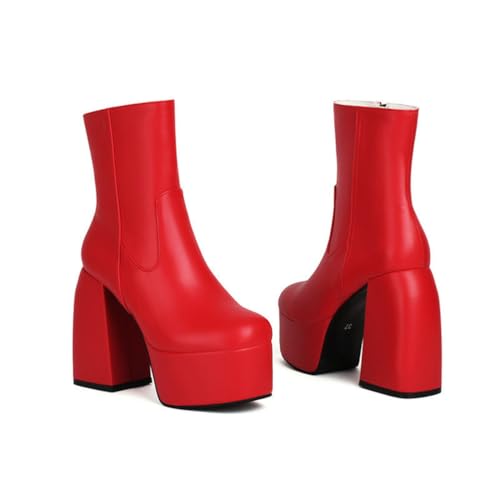 KUHAOFEU Damen Plateau Stiefeletten Blockabsatz Reißverschluss Knöchel Stiefel,Rot,45 EU von KUHAOFEU