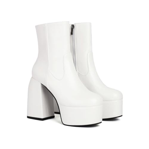 KUHAOFEU Damen Plateau Stiefeletten Blockabsatz Reißverschluss Knöchel Stiefel,Weiß,37 EU von KUHAOFEU