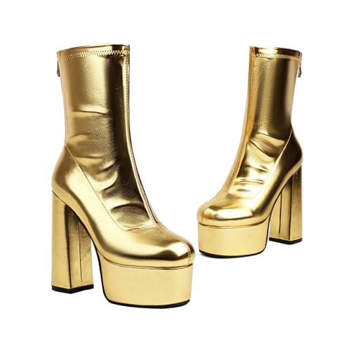 KUHAOFEU Damen Plateau Stiefeletten Blockabsatz Warm Kurze Stiefel,Gold,44 EU von KUHAOFEU