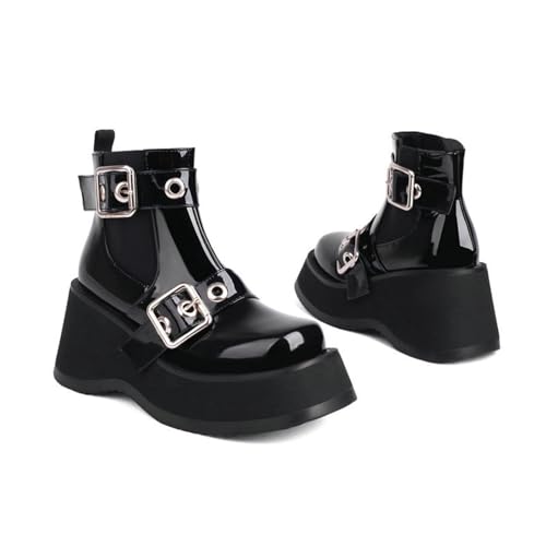 KUHAOFEU Damen Plateau-Stiefeletten mit klobiger Sohle Runde Zehenpartie Keilabsatz Rave-Schnalle Chelsea -Stiefel,Black patent Leather,41 EU von KUHAOFEU