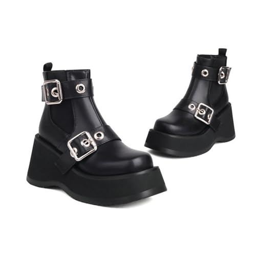 KUHAOFEU Damen Plateau-Stiefeletten mit klobiger Sohle Runde Zehenpartie Keilabsatz Rave-Schnalle Chelsea -Stiefel,Black pu Leather,39 EU von KUHAOFEU
