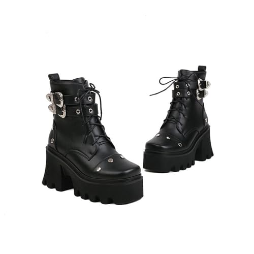 KUHAOFEU Damen Plateaustiefel Quadrat Zehen Klobige Stiefeletten Hoch Absatz Punk-Stiefel Schnürung Winter Kurzschaft Stiefel,Schwarz,41 EU von KUHAOFEU
