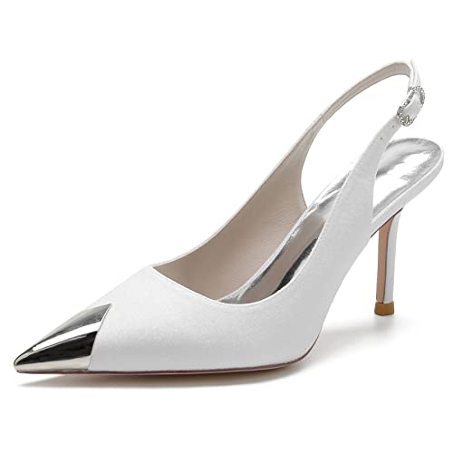 KUHAOFEU Damen-Pumps Glitzer Slingbac Hohem Absatz Brautschuhe Spitzer Zehenbereich Hochzeit Abend Schuhe,Weiß,40 EU von KUHAOFEU