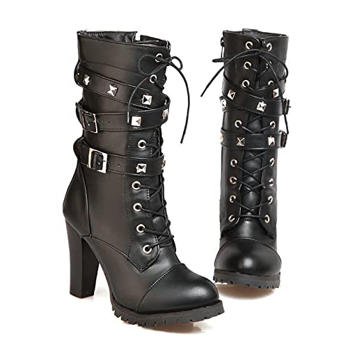 KUHAOFEU Damen Punk Goth Stiefel Klobiger Hoch Absatz Kampfstiefel Schnürung Runde Zehen Knight Stiefel Niete Gürtelschnalle Motorradstiefel,Schwarz,45 EU von KUHAOFEU