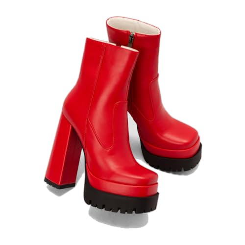 KUHAOFEU Damen Quadrat Zehen Blockabsatz Kurzschaft Stiefel Mit Reißverschluss,Rot,43 EU von KUHAOFEU