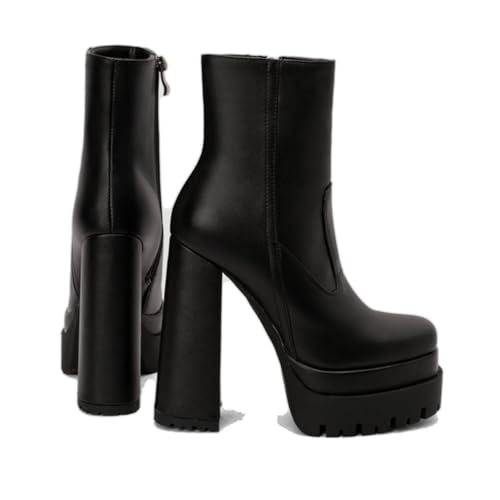 KUHAOFEU Damen Quadrat Zehen Blockabsatz Kurzschaft Stiefel Mit Reißverschluss,Schwarz,42 EU von KUHAOFEU