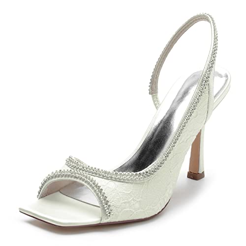 KUHAOFEU Damen Quadratische Offene Zehen Slip on Absatz Sandalen Rückenfreie Pumps Stöckelabsatz Kleid Party Sommerschuhe,Elfenbein,43 EU von KUHAOFEU