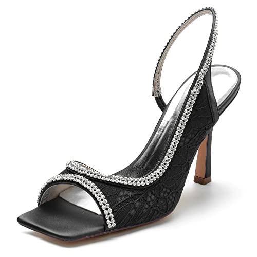 KUHAOFEU Damen Quadratische Offene Zehen Slip on Absatz Sandalen Rückenfreie Pumps Stöckelabsatz Kleid Party Sommerschuhe,Schwarz,36 EU von KUHAOFEU