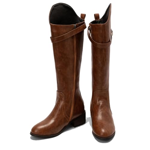 KUHAOFEU Damen Runde Spitze Schnallenriemen Reitstiefel Block Mittelhoher Absatz Knielange Stiefel mit Seitenreißverschluss,Braun,48 EU von KUHAOFEU