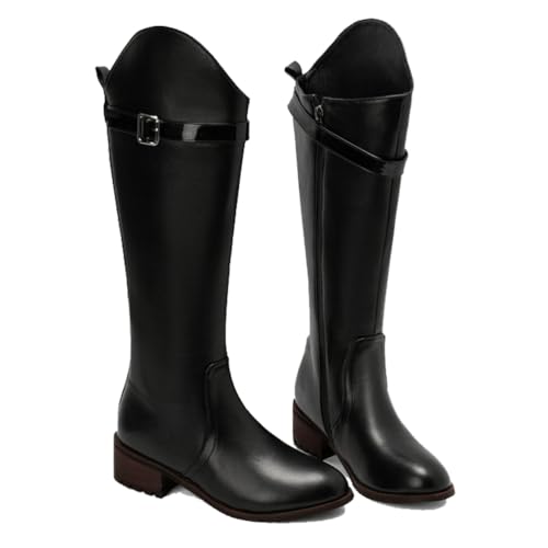 KUHAOFEU Damen Runde Spitze Schnallenriemen Reitstiefel Block Mittelhoher Absatz Knielange Stiefel mit Seitenreißverschluss,Schwarz,48 EU von KUHAOFEU