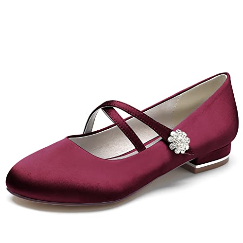 KUHAOFEU Damen Runde Zehen Ballerinas mit Niedrigem Absatz, Kreuzriemchen Hochzeits Businessschuhe für Frauen,Burgundy,42 EU von KUHAOFEU