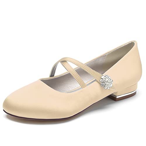 KUHAOFEU Damen Runde Zehen Ballerinas mit Niedrigem Absatz, Kreuzriemchen Hochzeits Businessschuhe für Frauen,Champagne,41 EU von KUHAOFEU