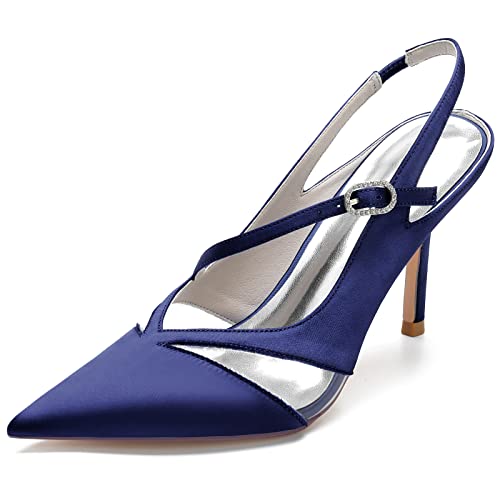KUHAOFEU Damen-Sandalen mit Absatz, Knöchelriemen hohe Absätze, geschlossene Zehe Slingback Party Büro Kleid Schuhe,Marine,36 EU von KUHAOFEU