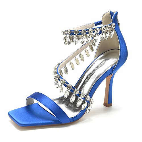 KUHAOFEU Damen-Sandalen mit eckiger offene Zehenpartie und Riemchen-Stilettoabsatz,Blau,36 EU von KUHAOFEU