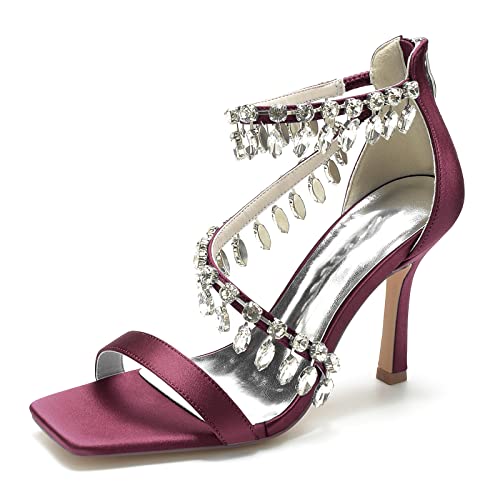 KUHAOFEU Damen-Sandalen mit eckiger offene Zehenpartie und Riemchen-Stilettoabsatz,Burgundy,41 EU von KUHAOFEU