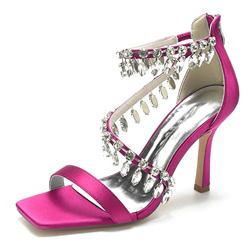 KUHAOFEU Damen-Sandalen mit eckiger offene Zehenpartie und Riemchen-Stilettoabsatz,Fuchsia,40 EU von KUHAOFEU