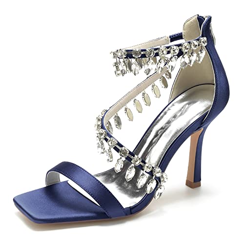 KUHAOFEU Damen-Sandalen mit eckiger offene Zehenpartie und Riemchen-Stilettoabsatz,Marine,38 EU von KUHAOFEU